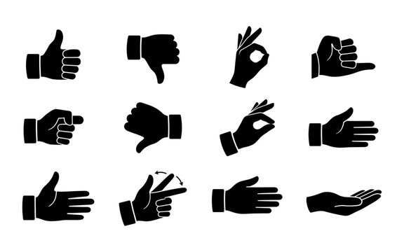 Set of human hand gestures silhouette icons showing various poses and signs vector with silhouette