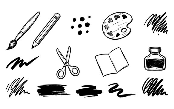 Set of hand drawn art and painting supplies sketch style vector illustration with painting tools
