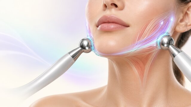 Woman receiving facial lifting treatment with microcurrent device, skin tightening, rejuvenation, and anti aging care