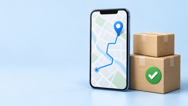 Smartphone tracking online delivery with location pins and route on a map, showing shipping success with cardboard boxes