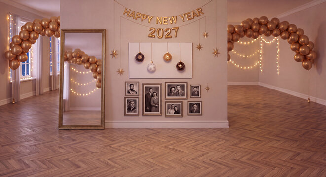 A bright and spacious empty event room prepared for a New Year party with balloon garlands string lights and photo frames on the wall