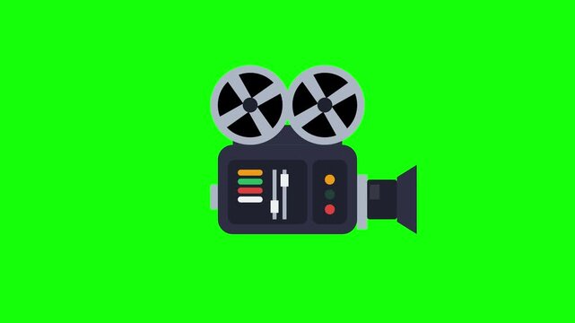 Animated retro movie camera with spinning film reels is displayed over a solid green screen background.