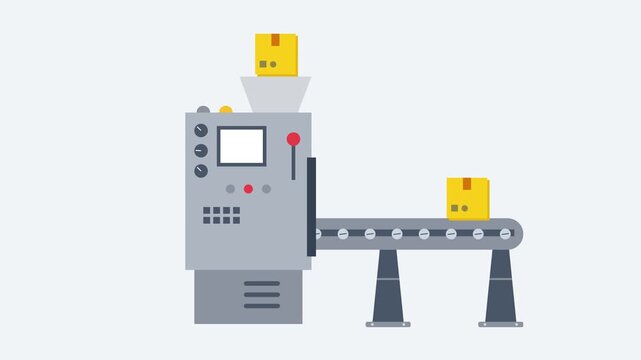 Animated industrial packaging machine processes yellow cardboard boxes on a conveyor belt against a light background.