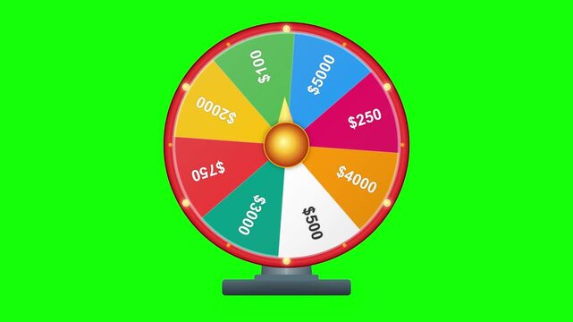 Colorful wheel of fortune with cash prize values spinning rapidly against a green screen background.