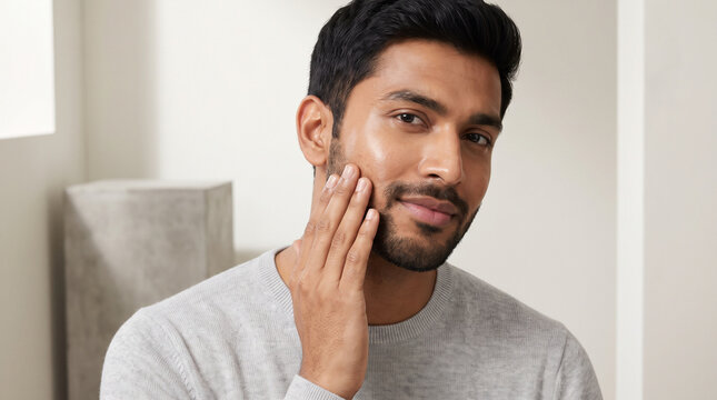Young Indian Man Touching Cheek for Beauty Campaign 