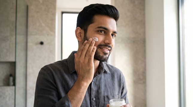 Young Indian Man Applying Moisturizer to Cheek 