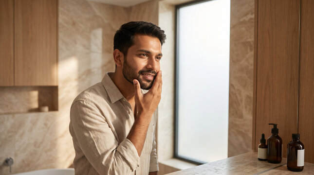 Young Indian Man Morning Window Skincare Glow 