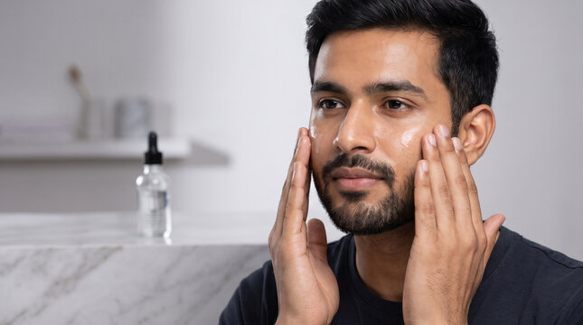 Young Indian Man Applying Facial Serum 