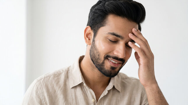Young Indian Man Touching Forehead Gently 