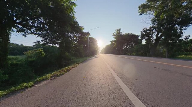 Scenic rural road illuminated by warm golden sunlight, with lush green vegetation, trees and long shadows creating a peaceful countryside travel scene.