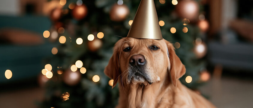 Adorable golden retriever in a gold party hat sits before a glowing Christmas tree perfect for holiday pet cards, festive campaigns, and New Year celebration content.