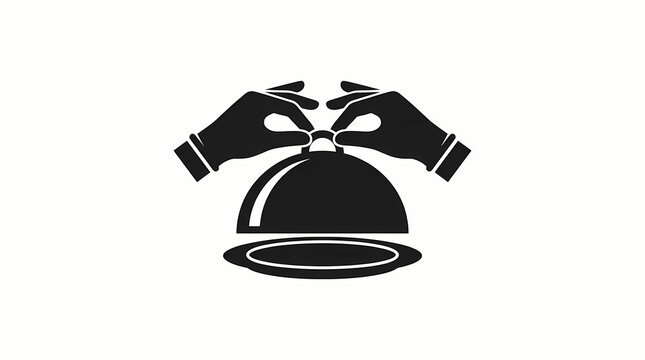 Black and white icon of hands lifting a food serving cloche lid.
