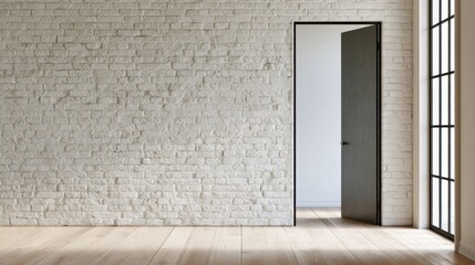Fototapeta premium White painted brick interior wall with open dark door and large window for design, interior background, poster and architectural presentation