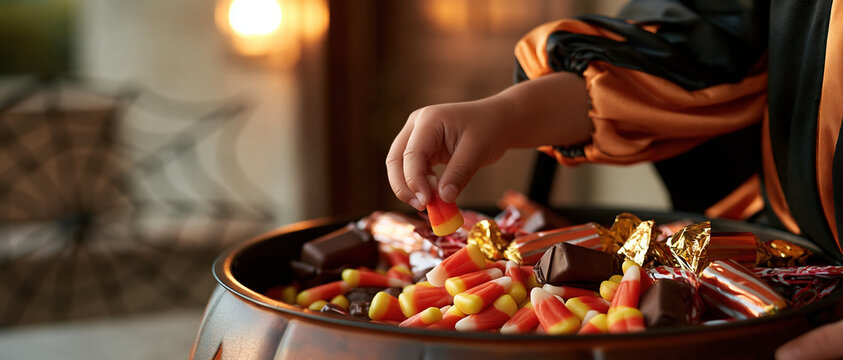 The magic of trick or treat captured closeup a costumed childs hand selects candy corn from an overflowing bowl of sweets. Perfect for Halloween seasonal campaigns.