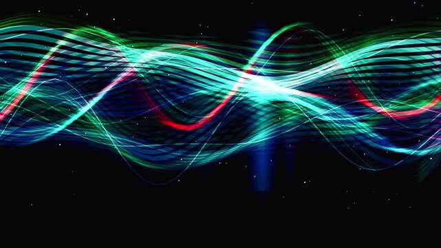 Dynamic neon light wave patterns flowing on dark background.