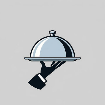 A stylized illustration of a waiter hand holding a silver food serving tray cloche.