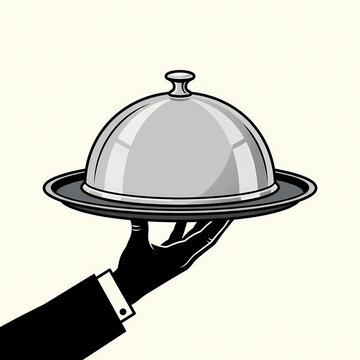 A hand in a formal suit holding a silver food cloche serving tray.