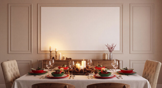 Symmetrical and stylish dining room featuring a beautifully arranged Christmas table setting with candles and an empty picture frame on the wall