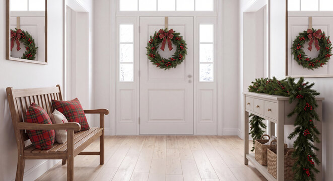 An elegant white entryway featuring classic pine wreaths on wooden doors garland on shelves and cozy bench ready for festive winter season
