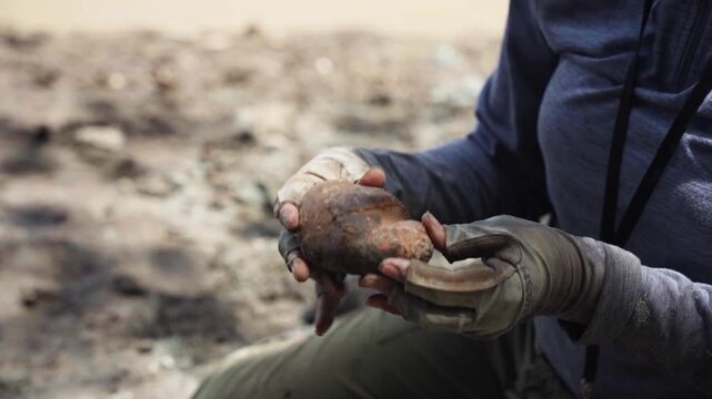 Close up detail of a scientist holding a coprolite fossil on the banks of the Amazon River in Iquitos Peru.