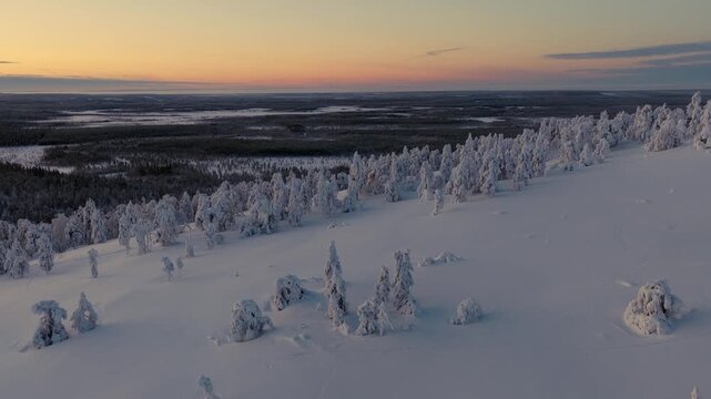 Drone flyover a frozen winter landscape, snowy woodlands, arctic sunset in Finland