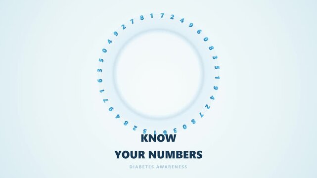 Premium 3D healthcare data visualization showing scattered numerical blocks activating via a coral blood drop, then organizing to form a blue diabetes awareness circle with 'Know Your Numbers' 