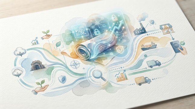 digital product passport traceability concept Illustration of a paper roll with eco and industrial icons surrounding it.