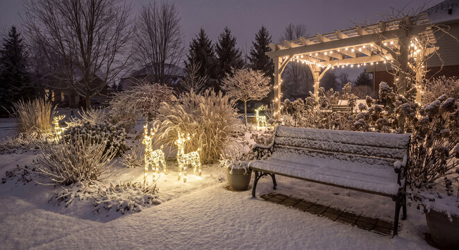 Picturesque outdoor park bench and wooden pergola draped in glowing Christmas lights amidst snow covered bushes.