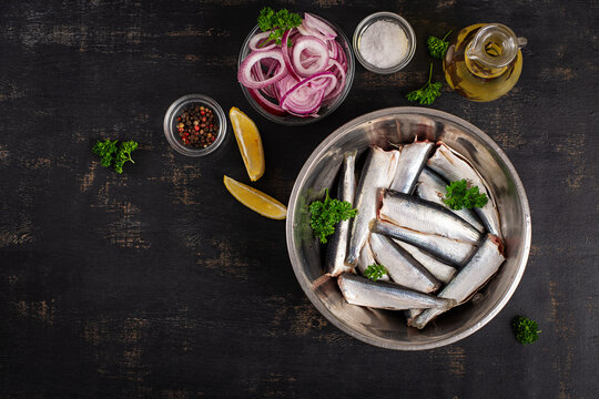 Healthy Seafood Cooking Concept with Fresh Sardines. Top view