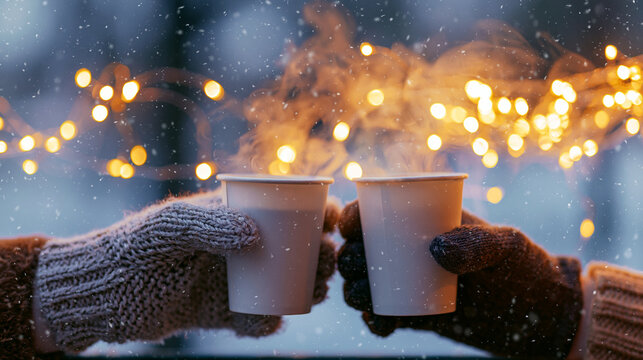 Two gloved hands holding paper cups of steaming hot beverages against a backdrop of falling snow and festive lights. Winter holidays; copy space; no logos on cups, no text.