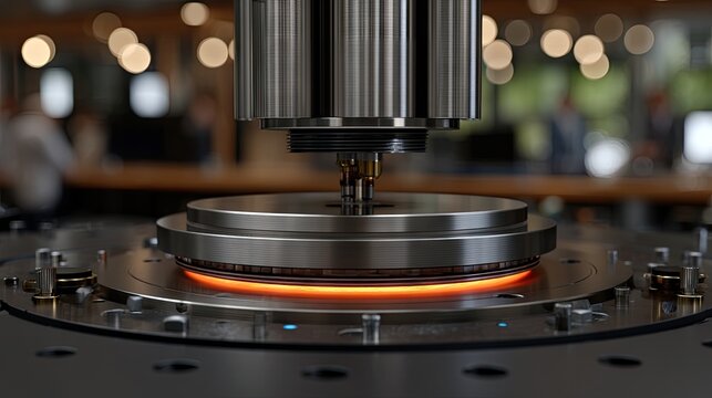 Industrial close up of metallic precision instrument with glowing interface and detailed mechanical design
