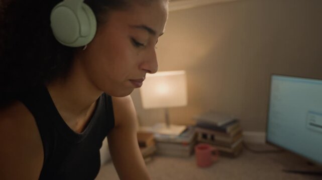 Young woman wearing headphones coding on monitors while eating pretzel snack. Clip represents remote IT work, programming lifestyle and tech education campaigns