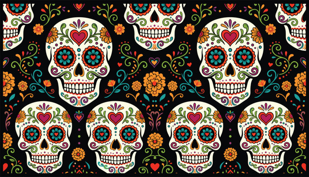 Seamless pattern with sugar skulls and marigold flowers for day of the dead