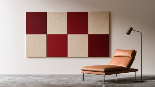 Minimalist wall art grid with red and beige square panels beside a leather chaise lounge and floor lamp for modern interior and decor background