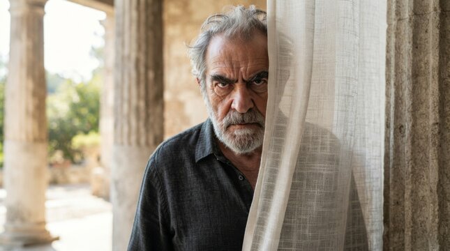 Older man looking through sheer curtains at a window. Hidden observer and privacy concept. Close-up portrait in a home interior. Concealment, watching and personal space