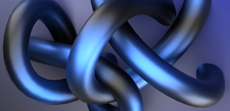 Abstract Black and Blue Intertwined Tube Knot Sculpture, Glossy Futuristic 3D Design
