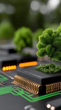 Green printed circuit board with glowing components featuring tiny trees among circuits and chips at a studio setting