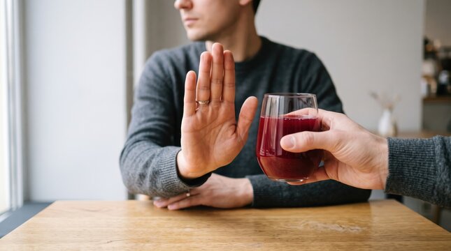 Man Refusing a Glass of Red Wine with Hand Gesture at Wooden Table