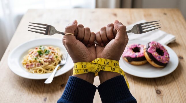 Hands Tied with Tape Measure Holding Forks Near Pasta and Donuts