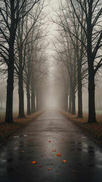 Foggy November avenue of bare trees with fallen orange leaves