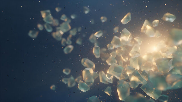 Abstract teal crystal shards with gold light particles background