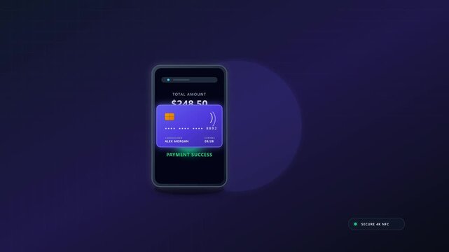 Contactless NFC payment success animation with smartphone and credit card on dark background