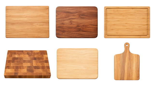 Six wooden cutting boards in various shapes, grains and finishes, including end-grain butcher block, juice-groove rectangle and handle paddle, displayed on a transparent background