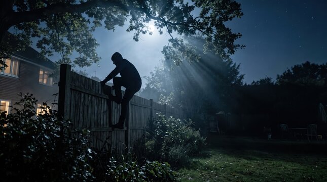 Silhouette of a Burglar Climbing Over a Wooden Fence at Night
