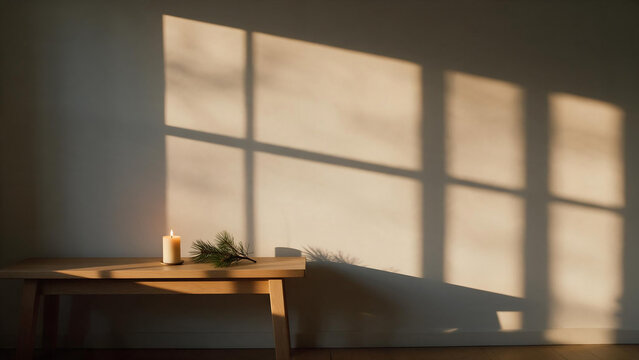 Minimal Scandinavian interior with winter sunlight and shadows