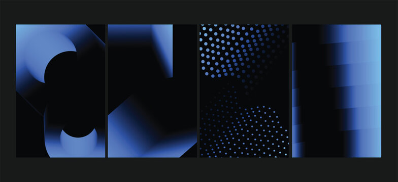 Set of four abstract geometric blue gradient background designs with modern curved shapes and dot patterns for posters or digital use