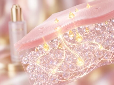 Close-up of glowing skin cells with cosmetic serum droplets and light effects.
