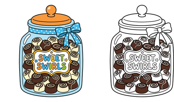 Jar of Chocolate Sweet Swirls, coloring page for kids, vector illustration of delicious candy treats in a glass jar for children's books or food-themed activity worksheets.