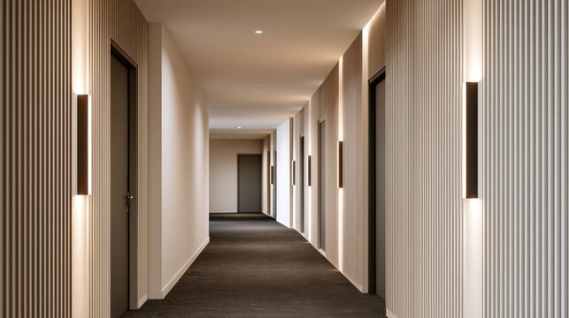 Minimalist hotel corridor with vertical slatted walls and linear wall lights for interior design background and hospitality brochure