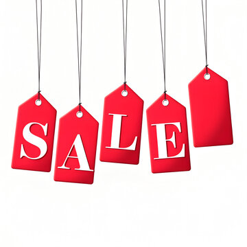 Red SALE Price Tags Hanging on Strings Isolated White Background
